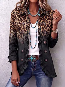 Cardigan femme imprimé léopard manches longues à volants avec boutons mode vue détaillée.