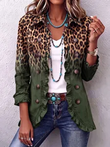Cardigan femme imprimé léopard manches longues à volants veste vintage élégante manteau chic