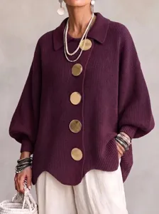Purple knitted cardigan for women featuring large gold buttons and elegant lapel collar.