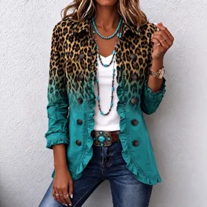 Camicia da Donna alla Moda con Stampa Leopardata Sfumata Manica Lunga con Volant Cardigan con Bottoni in Poliestere Casual Top