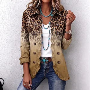Cardigan da donna con stampa leopardata a maniche lunghe e volant, elegante vista principale