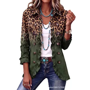 Donna cardigan stampa leopardo sfumato manica lunga volant doppio petto capo casual