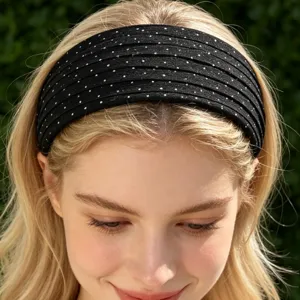 Serre-tête large noir à pois blancs, accessoire de mode élégant pour femme et quotidien.