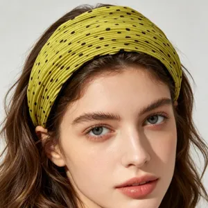Korean pleated polka dot wide headband for women, stylish green hair accessory detail view.