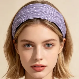 Korean style pleated polka dot wide headband, elegant purple hair hoop for women daily wear.