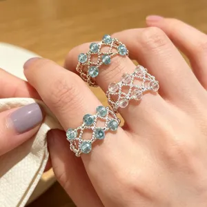Silber gewebte Kristall Perlen Ringe Set, elegante handgemachte glitzernde Schmuck für Damen