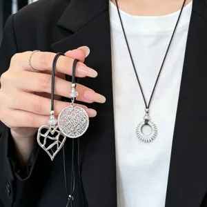 Women Hollow Geometric Pendant Long Necklace Mixed Material Braided Rope Sweater Chain Fashion Jewelry Gift