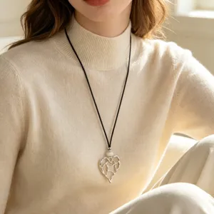 Stylish silver hollow heart pendant long necklace for women sweater chain fashion jewelry