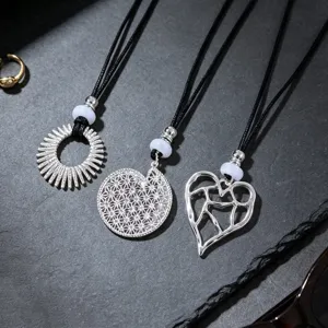 Silver hollow geometric long necklace sweater chain with black cord pendant accessory fashion