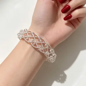 Bracciale Rigido Aperto Intrecciato in Argento con Perline di Cristallo Trasparente Regalo di Gioielli alla Moda Elegante per Donna