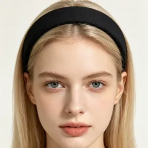 Close-up detail of a minimalist black fabric wide headband worn on blonde hair for daily use.