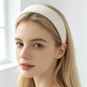 White wide fabric headband detail shot, premium high crown hair hoop accessory for women daily wear.