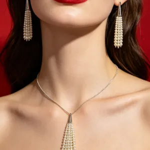 Elegant multi-strand pearl tassel pendant necklace and matching sophisticated earrings set.