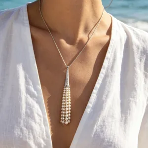 Elegant pearl tassel pendant necklace showcasing delicate multi-strand pearls and silver chain.