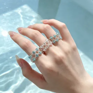 Eleganter Kristall Perlen Ring für Damen, stilvoller blauer Stein verstellbarer Fingerschmuck.