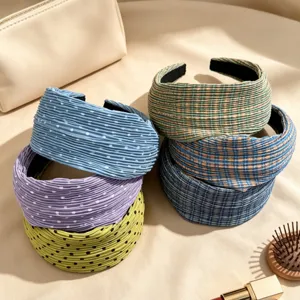 Korean style pleated polka dot and plaid wide hair hoop, stylish retro design, comfortable wear.