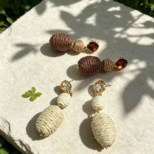 Boho natural straw woven drop earrings with sparkling rhinestones, vintage long earrings for women