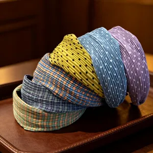 Korean style pleated polka dot plaid wide brim headband women trendy multi color hair hoop accessory