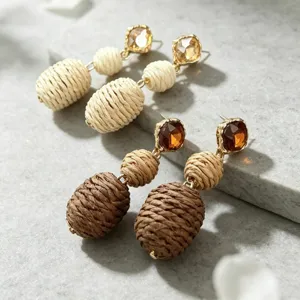 Handmade Bohemian Woven Dangle Earrings Vintage Rhinestone Drop Earrings For Women
