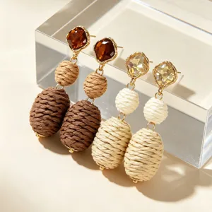 Bohemian crystal linen woven earrings retro style unique handmade drop earrings accessories