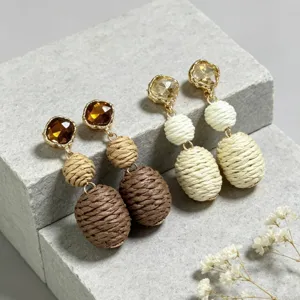 Boho rhinestone linen woven drop earrings detail shot, retro ethnic style chic women jewelry.