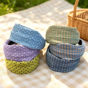 Korean style pleated polka dot and plaid wide headband for women, fashionable hair accessory