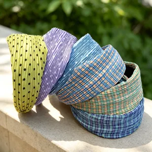 Korean style pleated polka dot and plaid wide hair hoop, fashionable hair accessory for women.