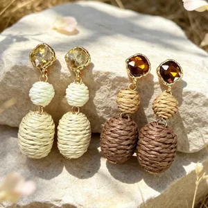 Boho woven rattan ball drop earrings with sparkling gemstone studs for stylish women