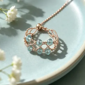 Eleganter roségoldener verstellbarer Ring mit blauen Kristallperlen und filigranem Ajourmuster.