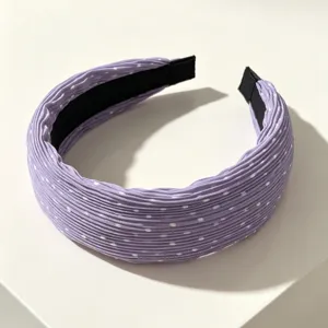 Purple pleated polka dot wide headband detail view, chic Korean style hair accessory.
