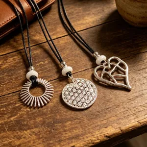 Detailed shot of silver hollow pendant necklaces with black cords on rustic wooden table.
