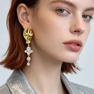 French Retro Artistic Palm Hand Tassel Earrings Full Rhinestone Long Dangle Earrings Light Luxury Vintage Jewelry For Women