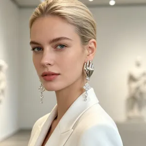 French vintage artistic hand-shaped drop earrings with diamond tassels, luxury style.