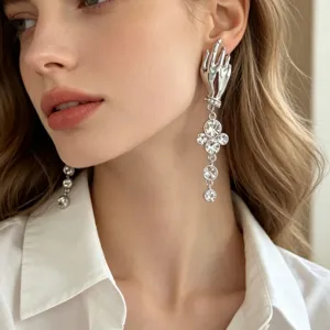 French vintage artistic hand shape rhinestone long tassel earrings for women elegant luxury