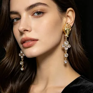 French vintage artistic gold hand motif tassel earrings with sparkling cubic zirconia crystals.