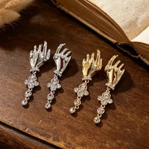 French vintage artistic palm rhinestone tassel long earrings light luxury metal ear studs