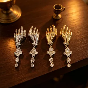 French vintage artistic hand-shaped earrings with full diamond tassels, luxury style long earrings for women.
