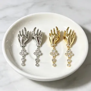 French vintage artistic hand shaped earrings with rhinestones and long tassel drops for women.
