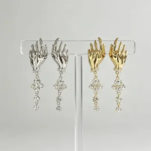 French vintage artistic hand shape crystal tassel drop earrings fashion jewelry detail