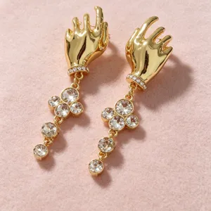 French vintage artistic palm shape crystal tassel long earrings elegant gold tone jewelry.
