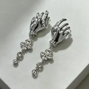 Silver palm shape rhinestone earrings, vintage artistic long tassel drop earrings for women.