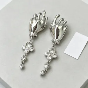 French vintage artistic silver palm shape rhinestone tassel long earrings detail view