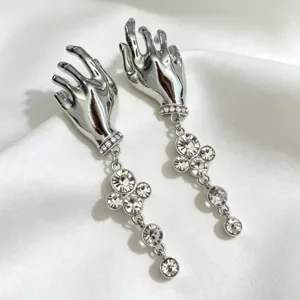 Silver hand shape crystal tassel earrings vintage long dangle rhinestone jewelry for women