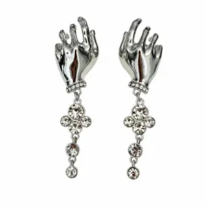 French vintage artistic hand shape long crystal tassel earrings elegant retro style.