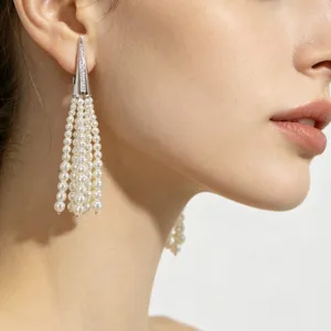 Elegant multi-strand pearl tassel earrings with crystal detailed top for women fashion.
