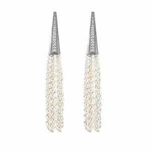 Elegant long pearl tassel earrings with sparkling rhinestone cone top for women.