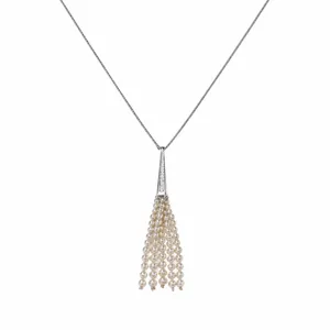 Exquisite silver-tone cone pendant necklace featuring delicate layered pearl tassels.