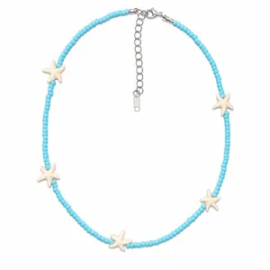 Μπλε κολιέ με χάντρες και αστερίες θάλασσας boho καλοκαιρινό γυναικείο κόσμημα παραλίας