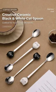 Stainless steel ceramic black and white cat coffee stirring spoon creative long handle dessert spoon