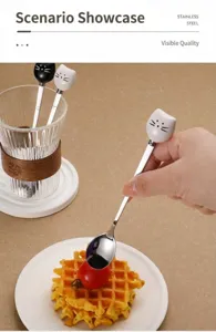 Stainless steel cat spoon with ceramic handle, cute coffee and dessert stirring tool.